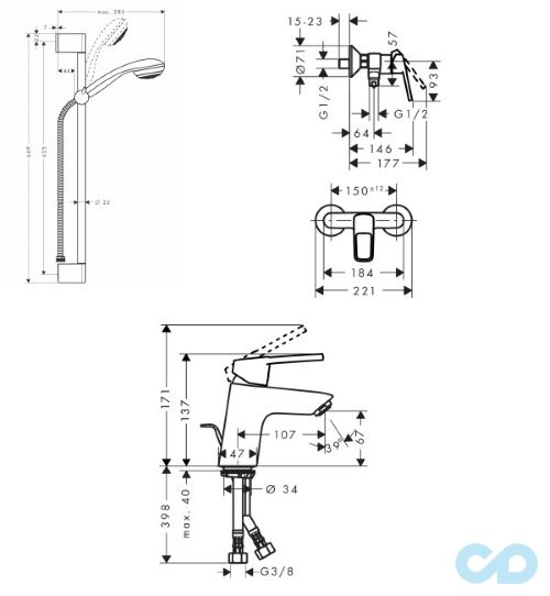 чертеж Набор смесителей для душа Hansgrohe Logis Loop 1052017