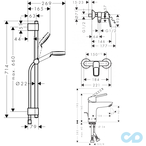 чертеж Набор смесителей для душа Hansgrohe Logis Loop 1072017