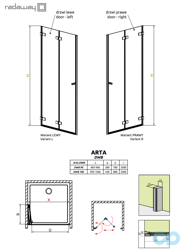 технічна схема Душові двері складна Radaway Arta DWB 90 ліва 386151-03-01L