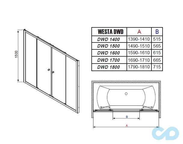 чертеж Шторка для ванны Radaway Vesta DWD 150 (203150-01)