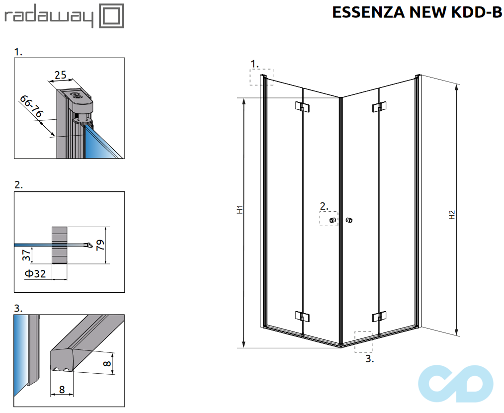 технічна схема Душова кабіна Radaway Essenza New KDD-B 80х80 (385070-01-01L + 385070-01-01R