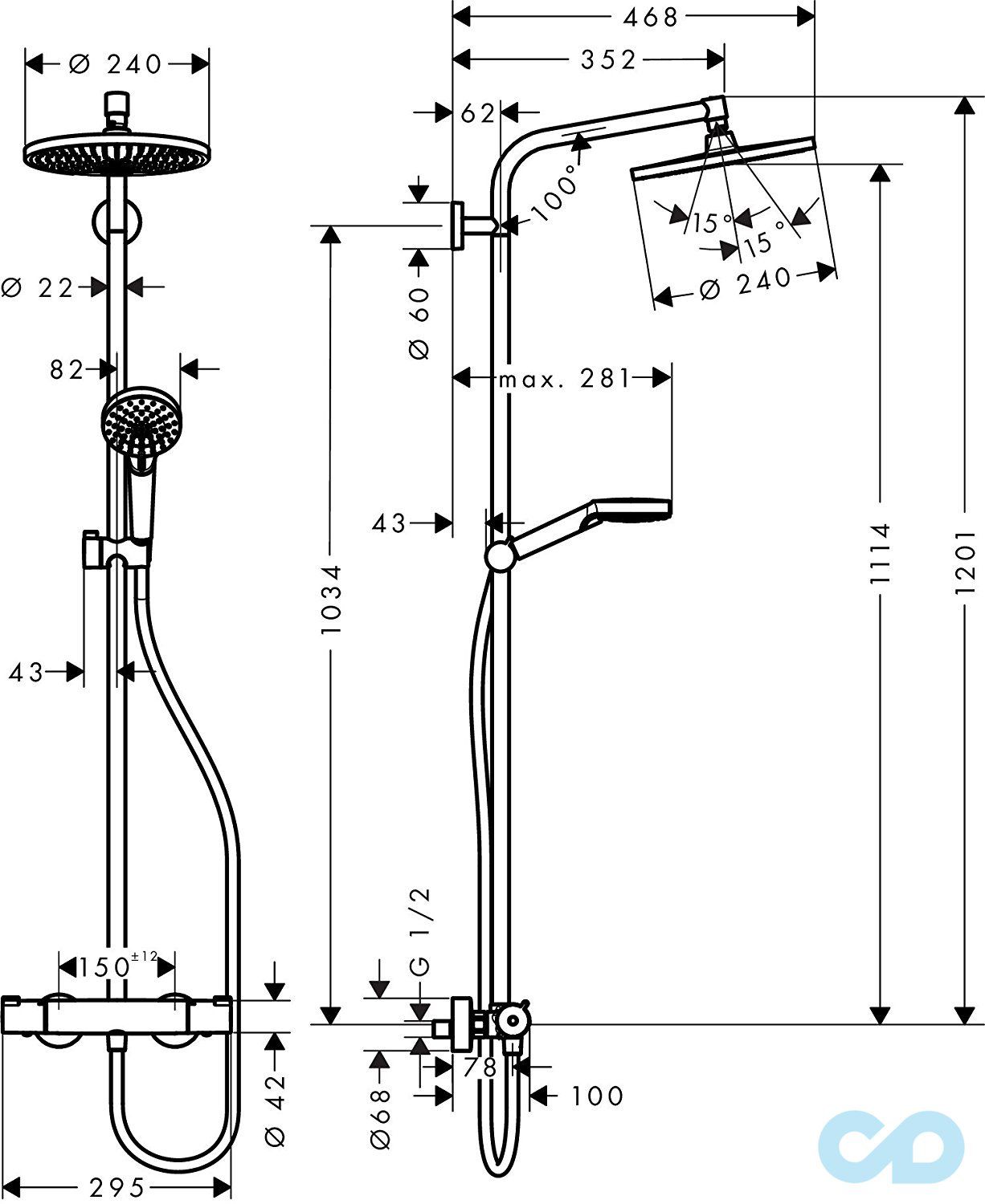 чертеж Душевая система Hansgrohe Crometta S 240 1jet EcoSmart Showerpipe 27268000