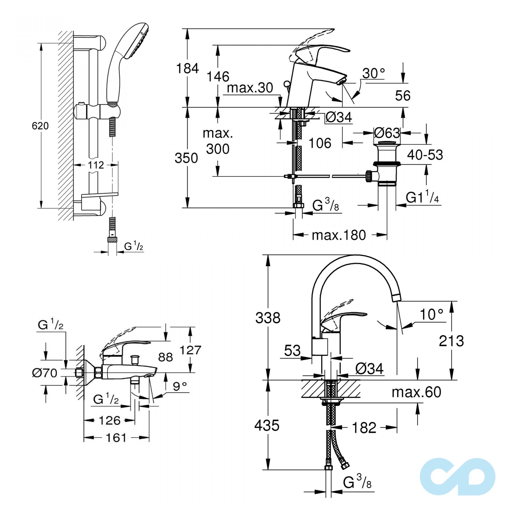 креслення Набір змішувачів Grohe Eurosmart 123202