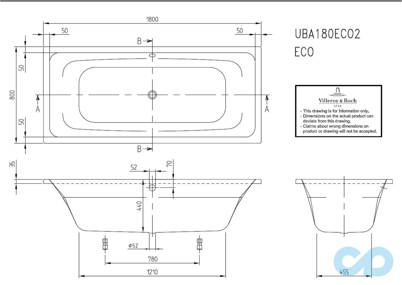 чертеж Ванна акриловая Villeroy & Boch Targa UBA180FRA2V-01