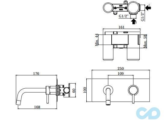 чертеж Настенный смеситель для раковины Paffoni Light LIG101NO/М