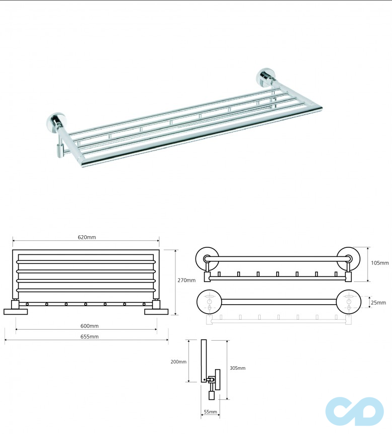чертеж Полочка для полотенец Bemeta Omega 104205162 хром откидная с крючками
