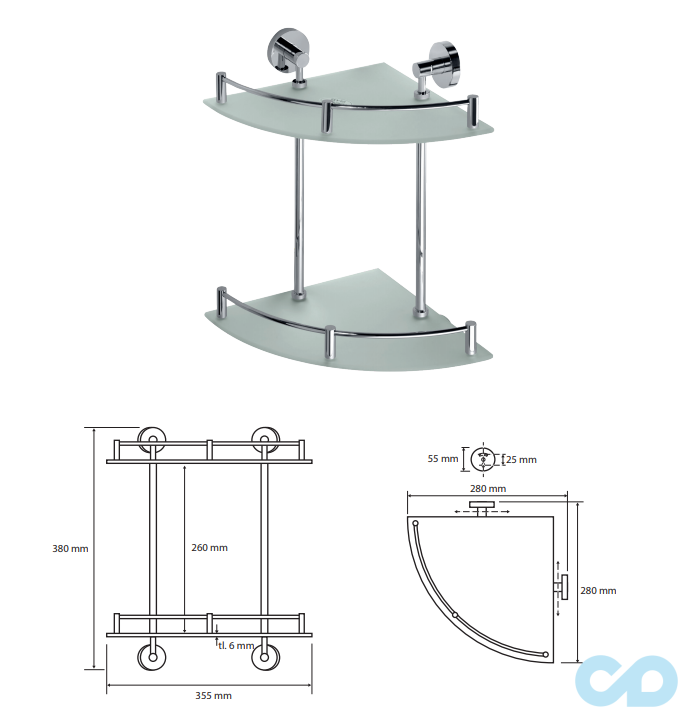 чертеж Полочка стеклянная Bemeta Omega 104202142 хром двойная угловая с бортиком
