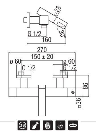 креслення Змішувач з термостатом для ванни Nobili Tower TW00010/1CR
