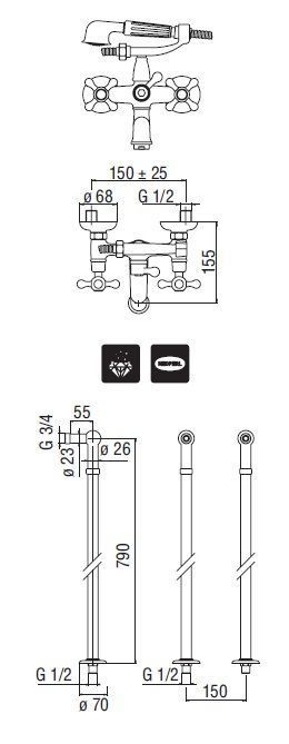 чертеж Напольный смеситель для ванны Nobili Grazia GRC5001CR, AV00151/10CR