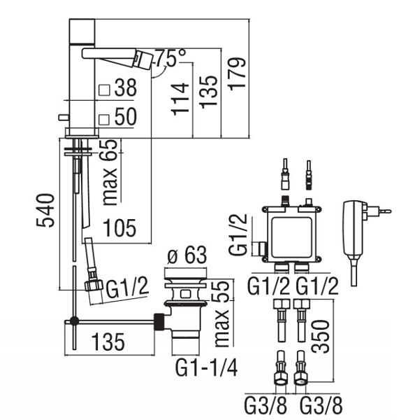 чертеж Электронный смеситель для раковины Nobili Loop E E90119/1CR