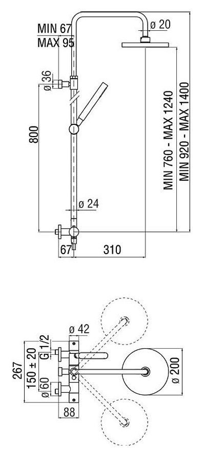 чертеж Душевая система Nobili Live LV00030/50IX нержавеющая сталь