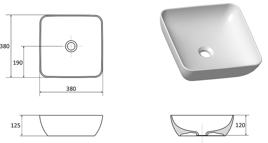 чертеж Накладная раковина Ravak Ceramic Uni 380 S Slim XJX01138001