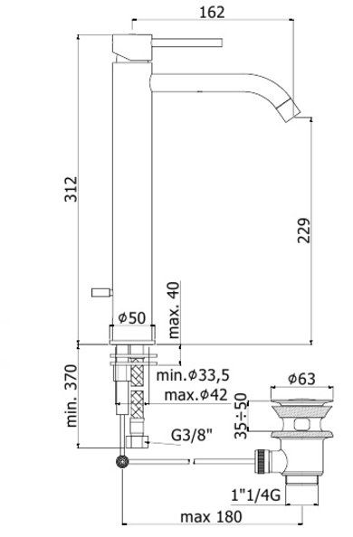 чертеж Высокий смеситель для раковины Paffoni Light LIG085NO