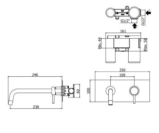 креслення Настінний змішувач для раковини Paffoni Light LIG 103 NO/М