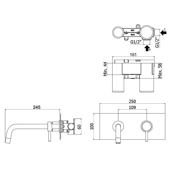 чертеж Настенный смеситель для раковины Paffoni Light LIG 103 CR/M