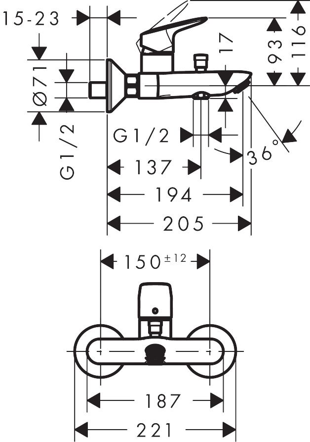 техническая схема Набор смесителей для ванны 3 в 1 Hansgrohe Logis 10002019
