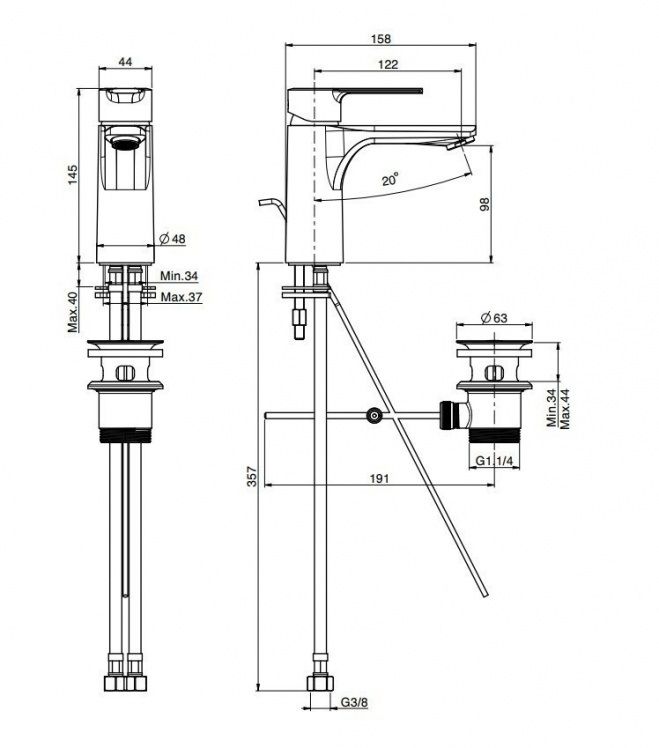 чертеж Смеситель для раковины Fima Carlo Frattini Mast F3131CR