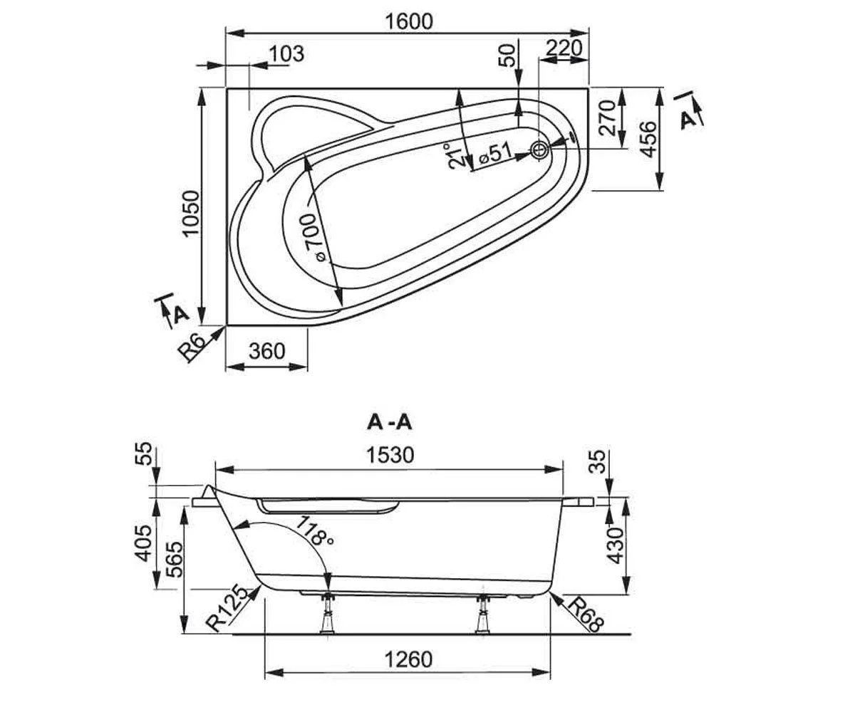 чертеж Угловая акриловая ванна VagnerPlast Selena VPBA163SEL3PX-04