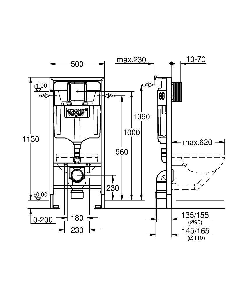 чертеж Инсталляция для подвесного унитаза Grohe Rapid SL 38536001