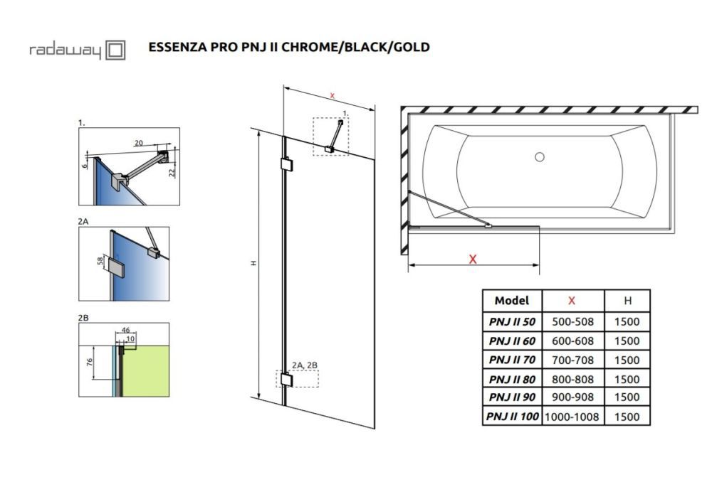 креслення Шторка для ванни Radaway Essenza Pro Gold PNJ II 10101060-09-01