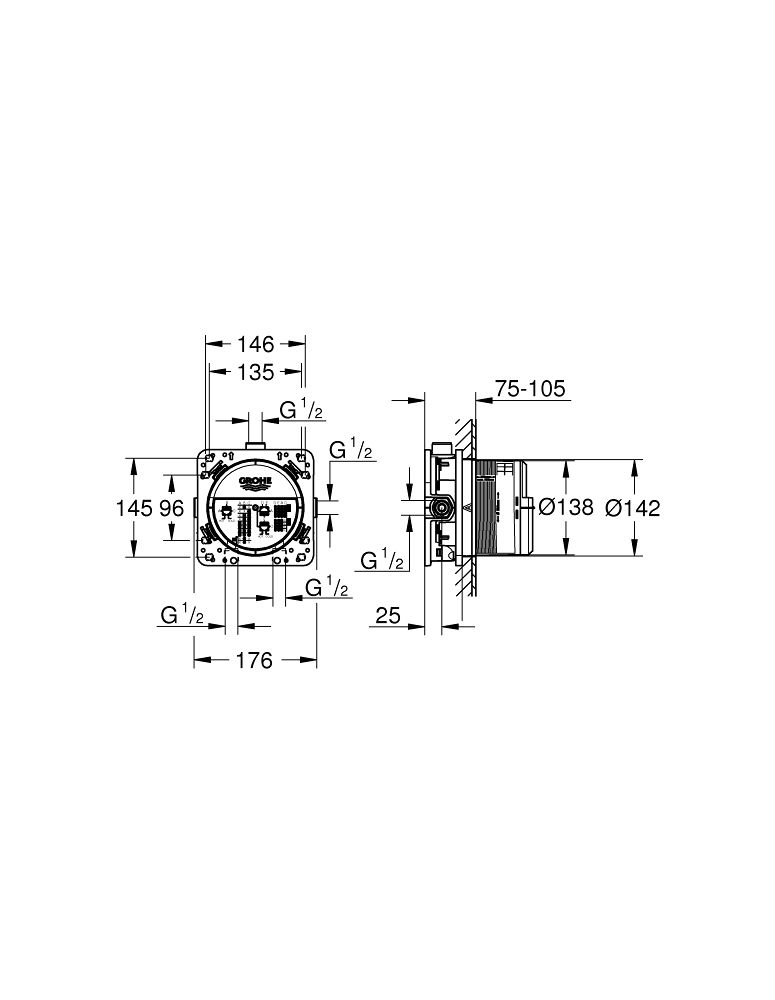 Душевая система скрытого монтажа Grohe Grohtherm Cube 3450600A техническая схема 2