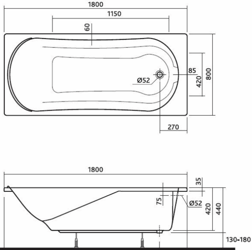 чертеж Акриловая ванна Kolo Comfort 180 x 80 XWP3080000