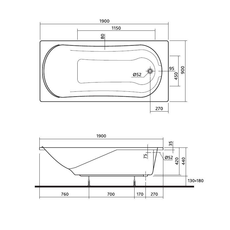 чертеж Акриловая ванна Kolo Comfort 190x90 см XWP3090000
