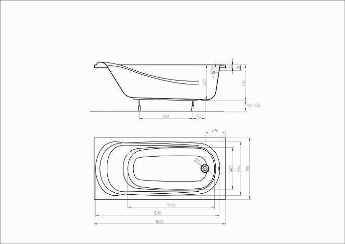 чертеж Акриловая ванна Kolo Saga 160 x 75 см XWP3860000