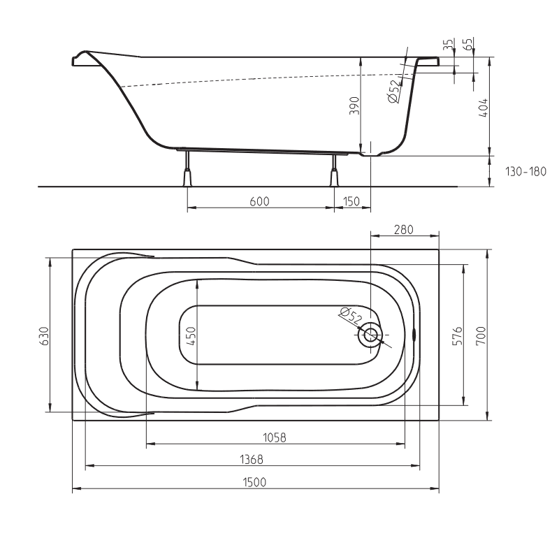 чертеж Акриловая ванна Kolo Sensa 150x70 см XWP355000N