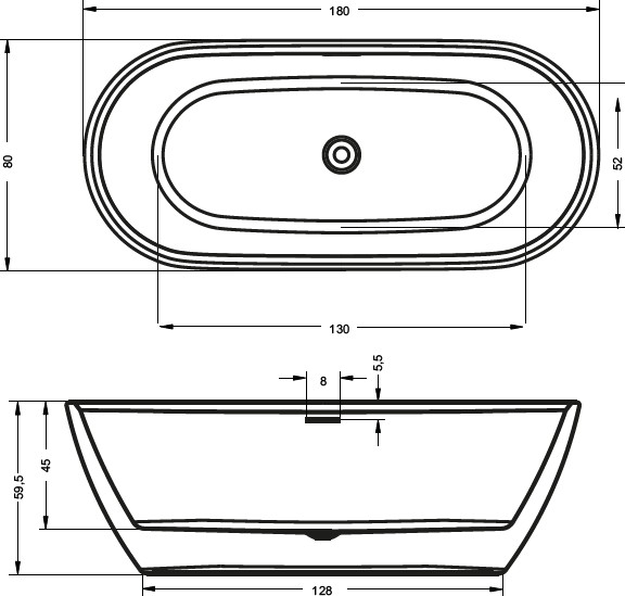 креслення Отдельностоящая ванна Riho Inspire 180 x 80 см BD0200500000000