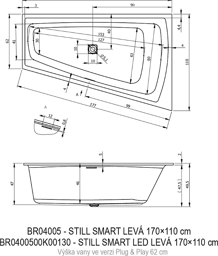 чертеж Акриловая ванна Riho Still Smart Left Plug & Play BD1600500000000