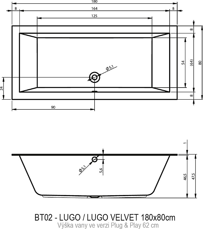 техническая схема Акриловая ванна Riho Lugo Plug & Play Right 180 х 80 см BD6300500000000