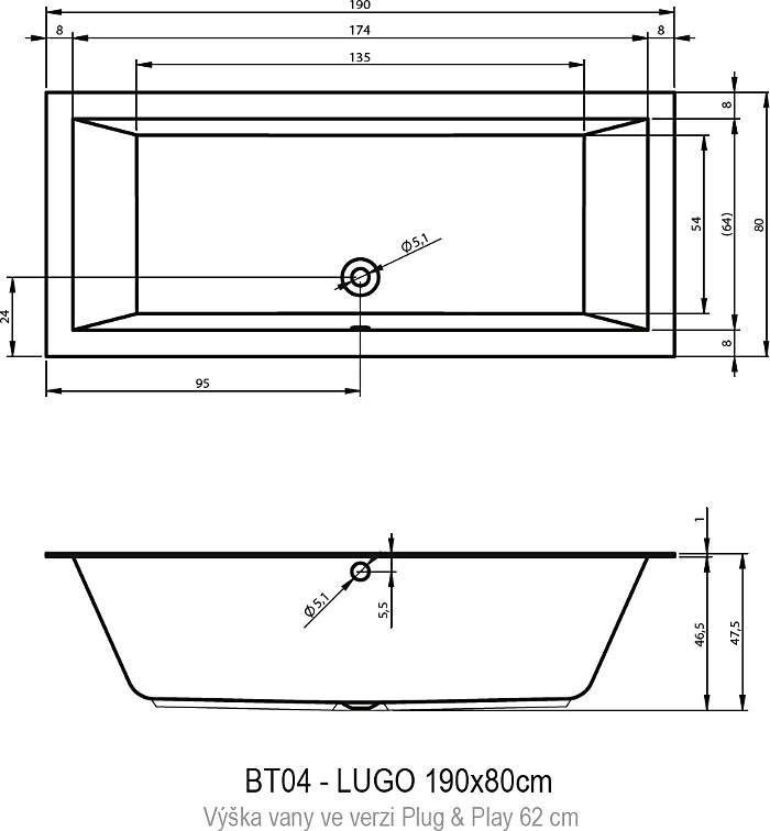чертеж Акриловая ванна Riho Lugo Plug & Play Right 190х80 см BD6700500000000