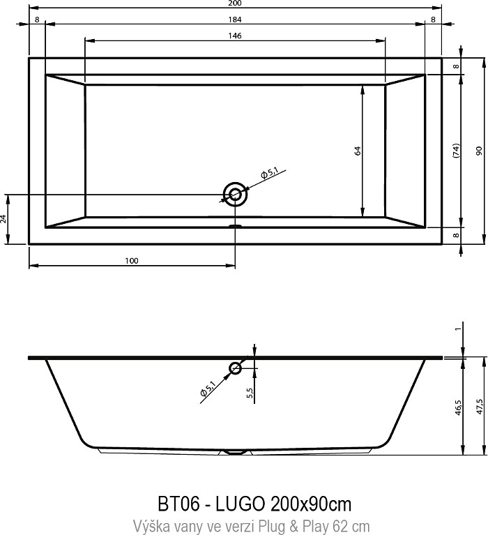 чертеж Акриловая ванна Riho Lugo Plug & Play Right 200х90 см BD7100500000000