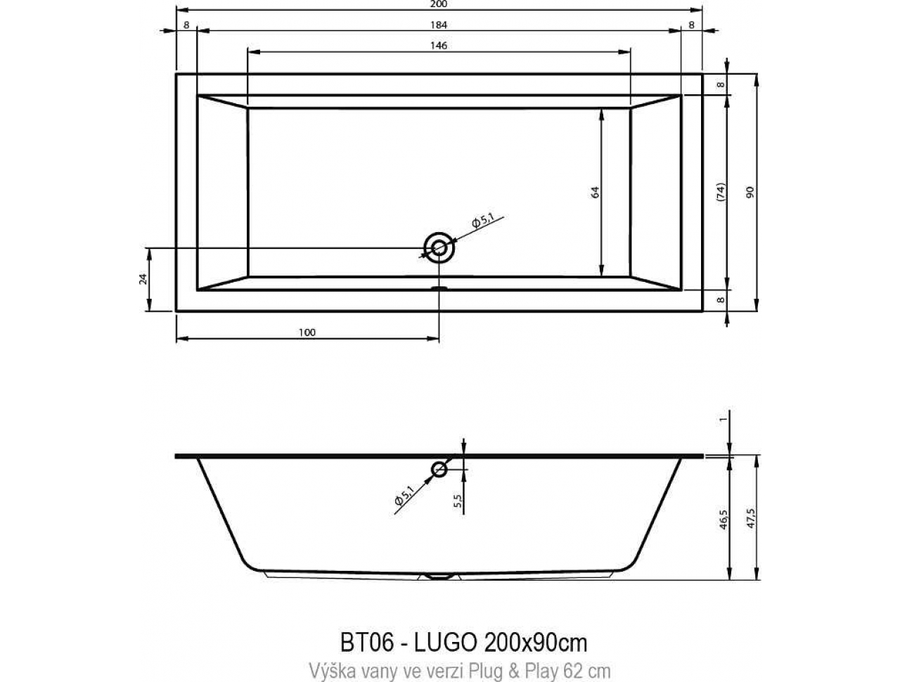 чертеж Акриловая ванна Riho Lugo Plug & Play Left 200х90 см BD7200500000000