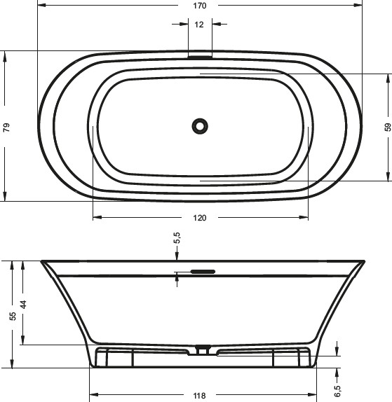 чертеж Отдельностоящая ванна Riho Barca 170x79 мм BS6000500000000