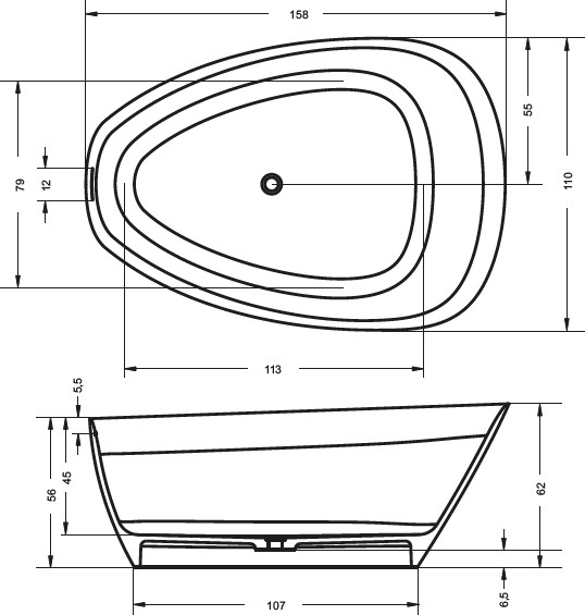 чертеж Отдельностоящая ванна Riho Toledo 160x110 см BS5500500000000