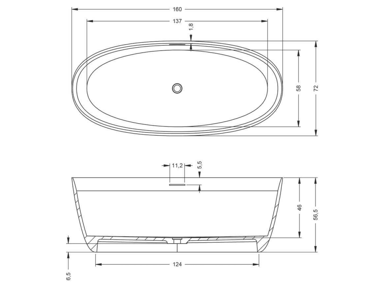 чертеж Отдельностоящие ванны Riho Oval 160x72 см BS6700500000000
