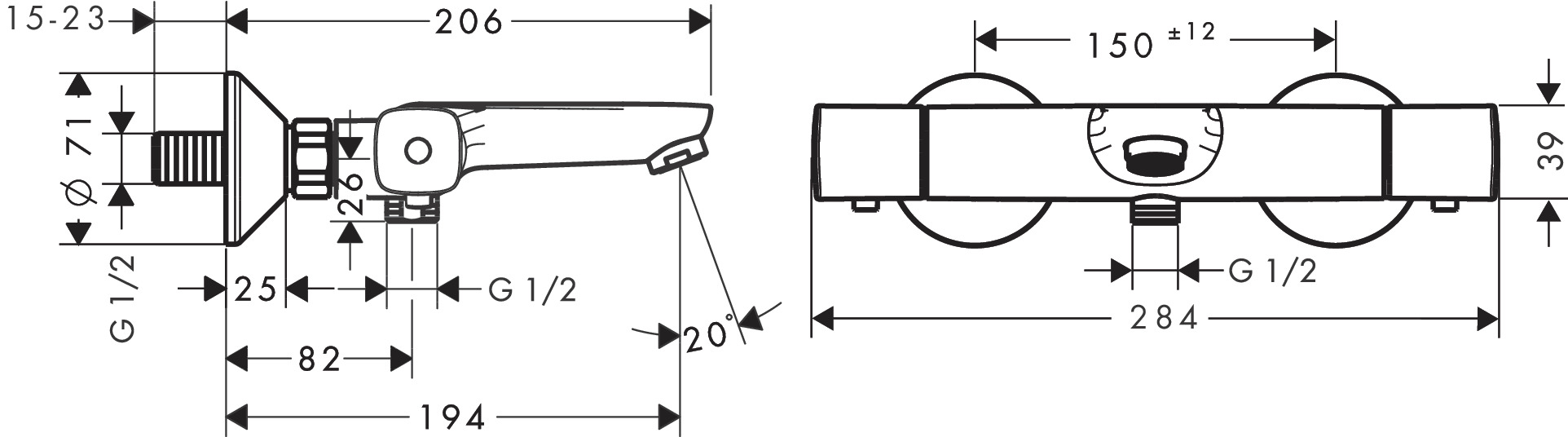 техническая схема Набор смесителей для ванны Hansgrohe Ecostat 131230S3