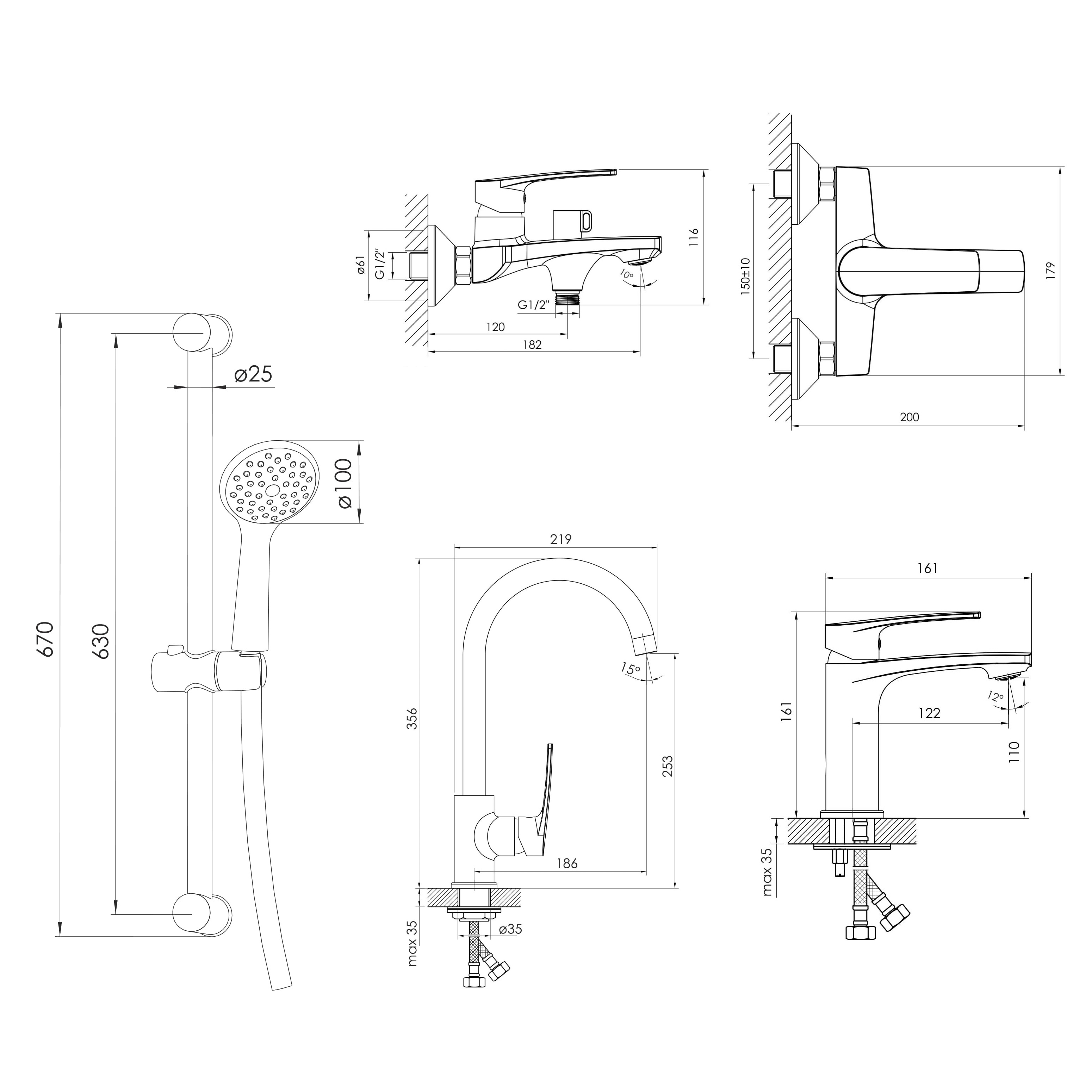 чертеж Набор смесителей для ванны и кухни Imprese Kampa 51028556
