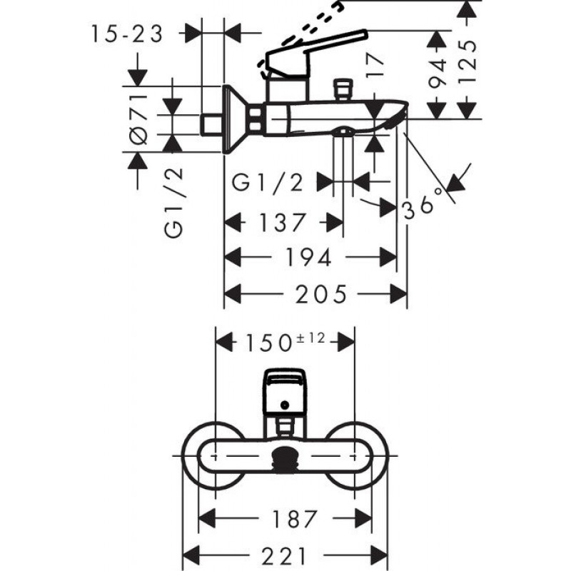 техническая схема Набор смесителей для ванны и кухни Hansgrohe Logis Loop 1232019