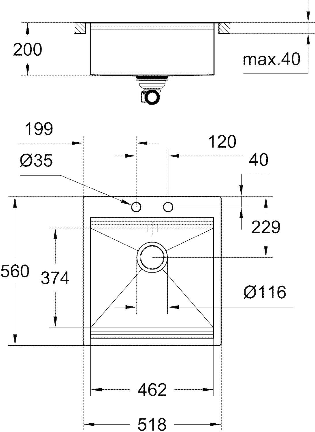 Кухонная мойка Grohe EX Sink K800 (50 cm) + кухонный смеситель Grohe EX Minta 31583SD032918000 (31583SD0 + 32918000) техническая схема 2