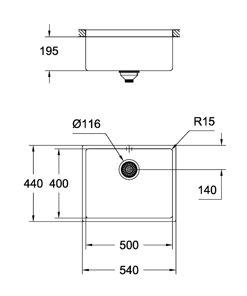 техническая схема Кухонная мойка Grohe EX Sink + Кухонный смеситель Grohe Minta (31574AL0 + 32168000) 31574AL032168000