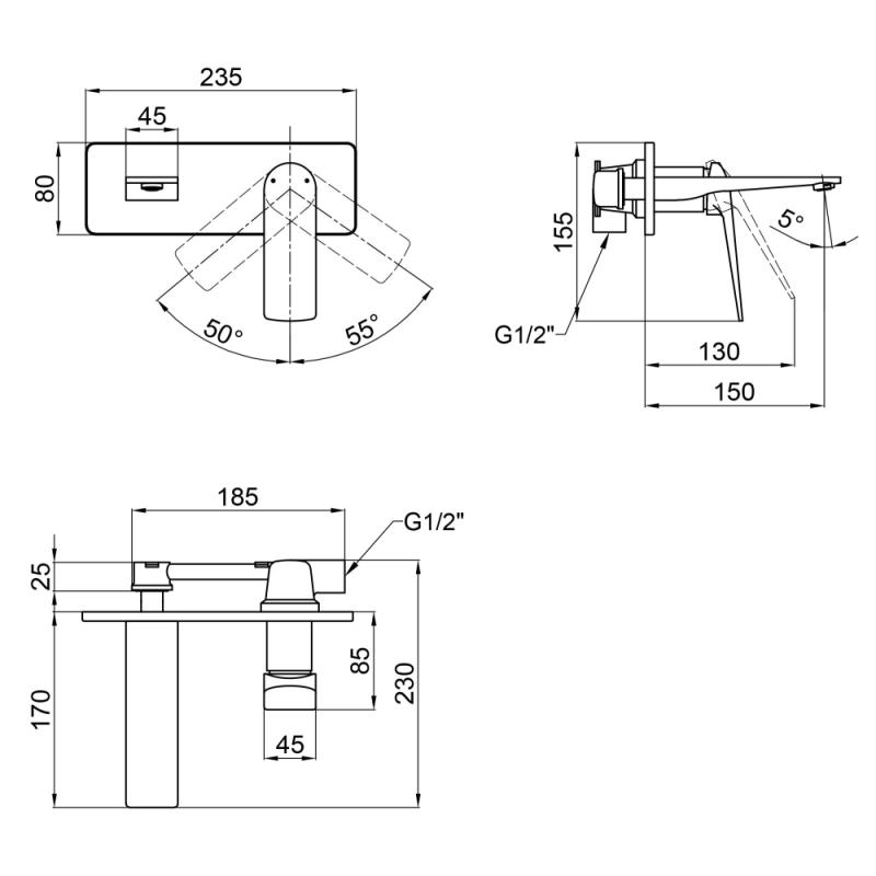 чертеж Настенный смеситель для раковины Q-tap Vlasta QT1128102C