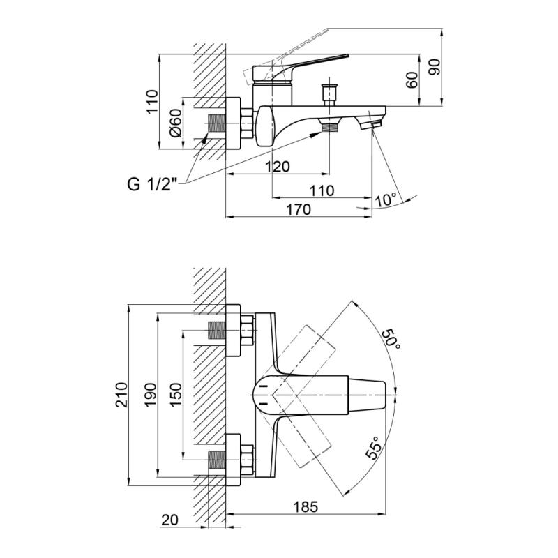 чертеж Смеситель для ванны Q-tap Skalna QTSK3026101DC