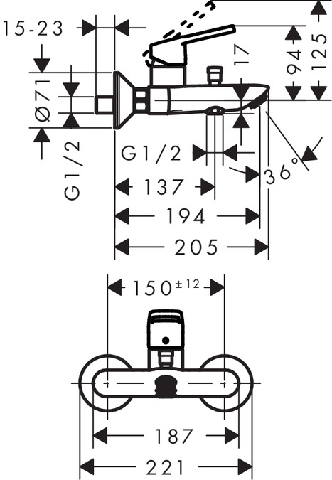 техническая схема Набор смесителей для ванны Hansgrohe Logis Loop + Showerpipe Reno 1272019 (71151000+71244000+27270000)