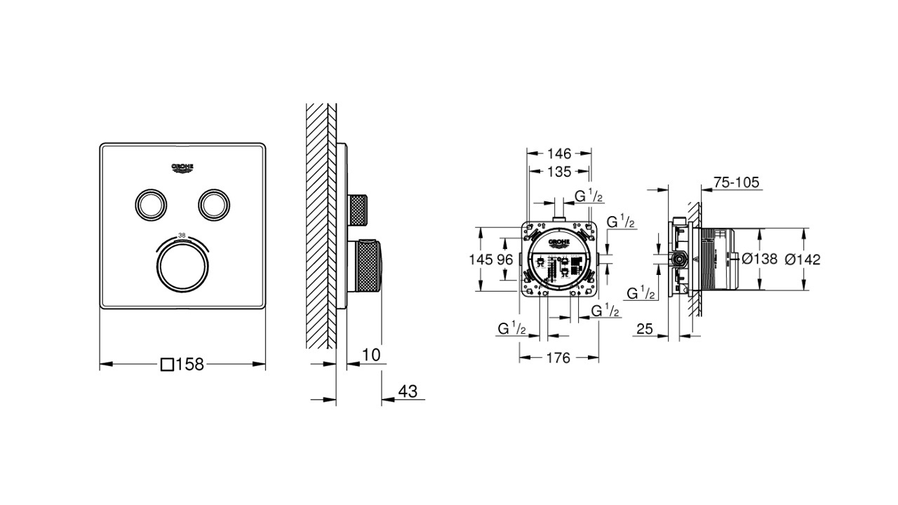 техническая схема Душевая система скрытого монтажа Grohe Grohtherm SmartControl с Tempesta Cube 250 26415SC1