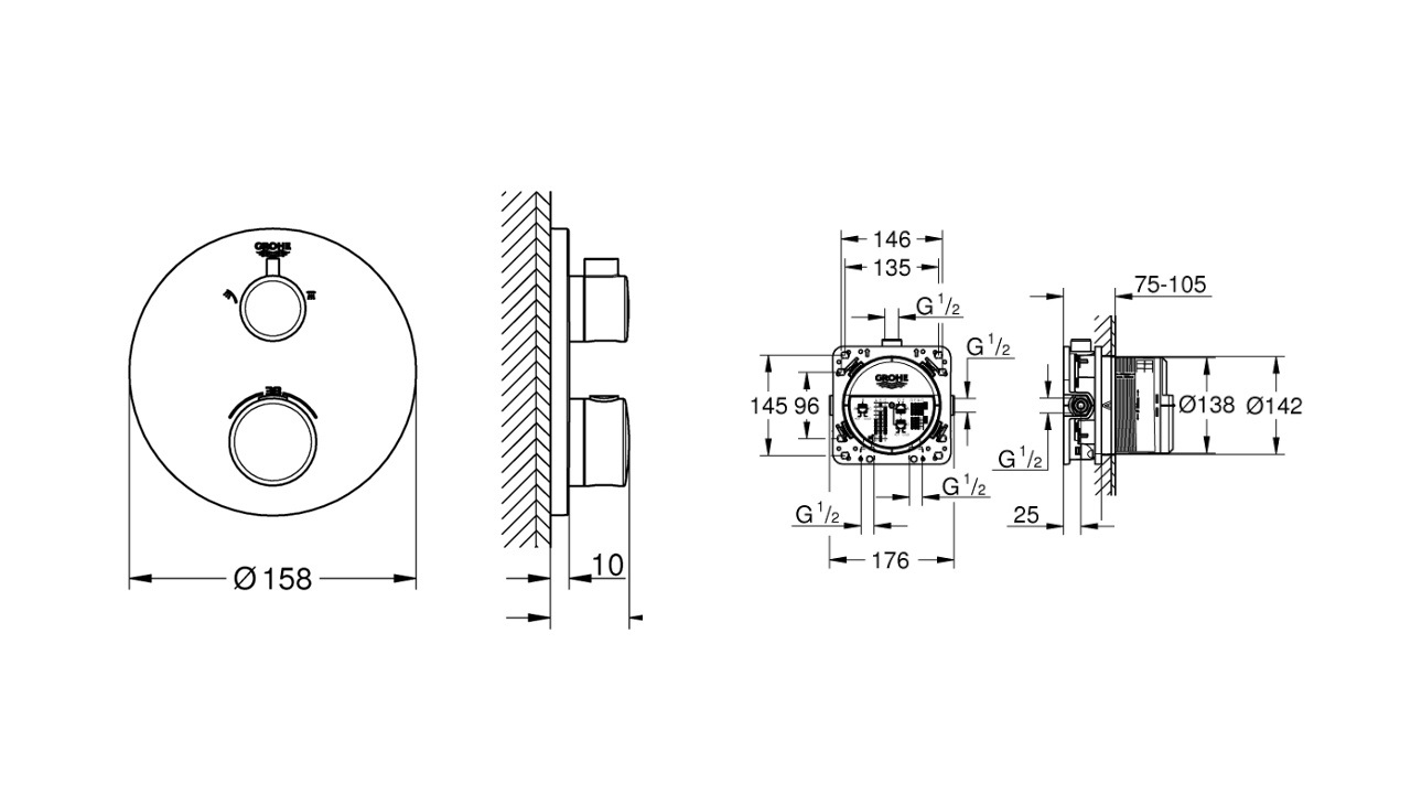 техническая схема Душевая система скрытого монтажа Grohe Grohtherm Tempesta 250 26416SC0