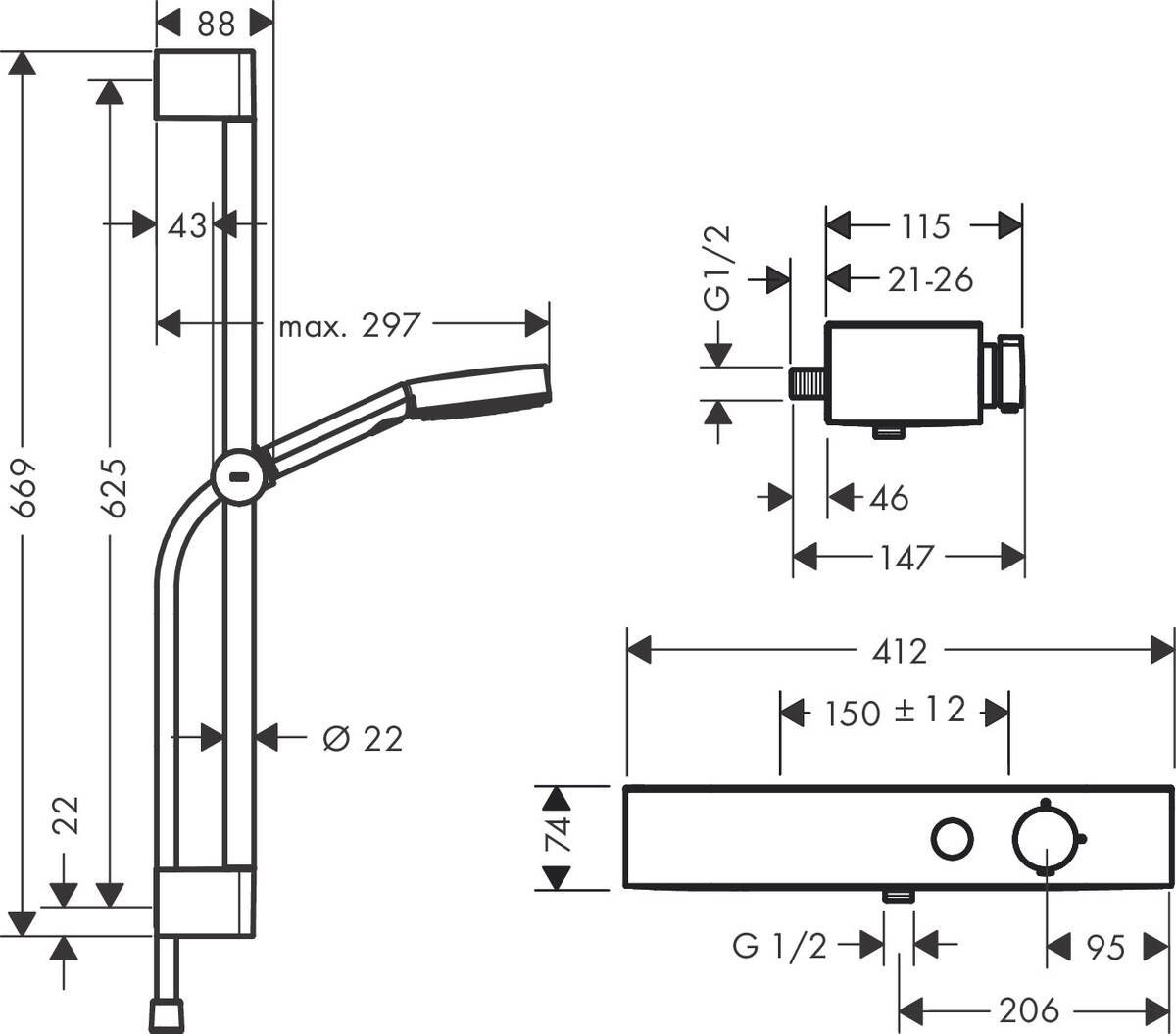 чертеж Душевой набор Hansgrohe Pulsify Relaxation 105 3jet 24260000 хром