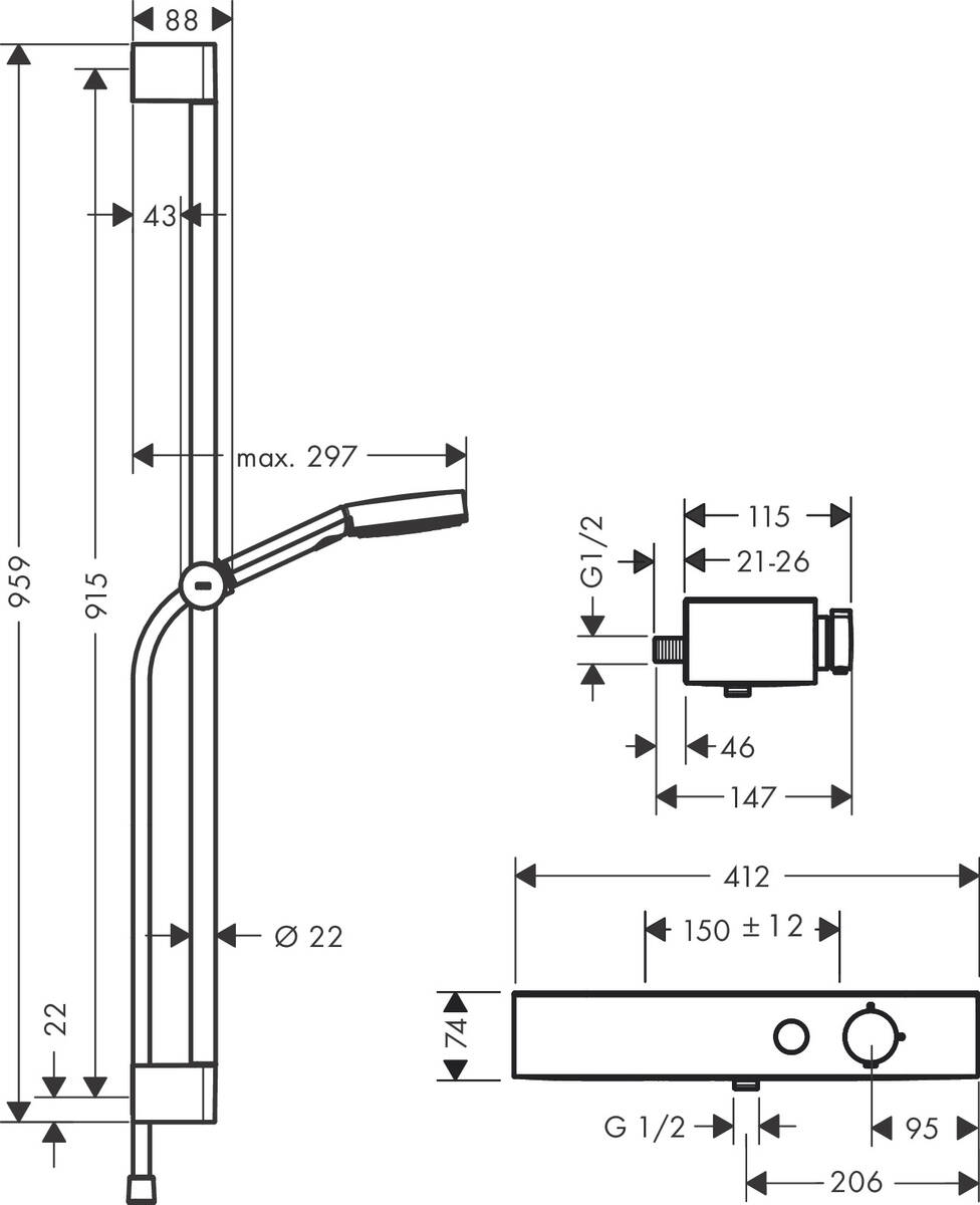 креслення Душовий набір Hansgrohe Pulsify Relaxation 105 3jet 24270000 хром